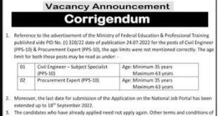 Government of Pakistan Ministry of Federal Education And Professional Training Jobs In Islamabad
